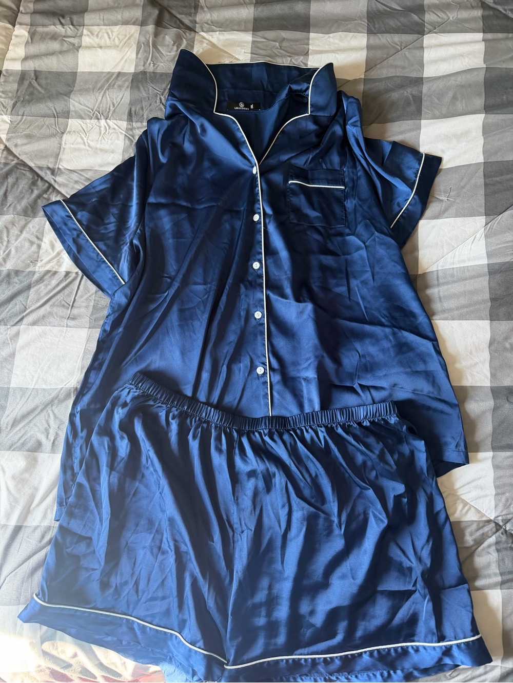 Classic Navy Satin Short-Sleeve Pajama Set with White Piping